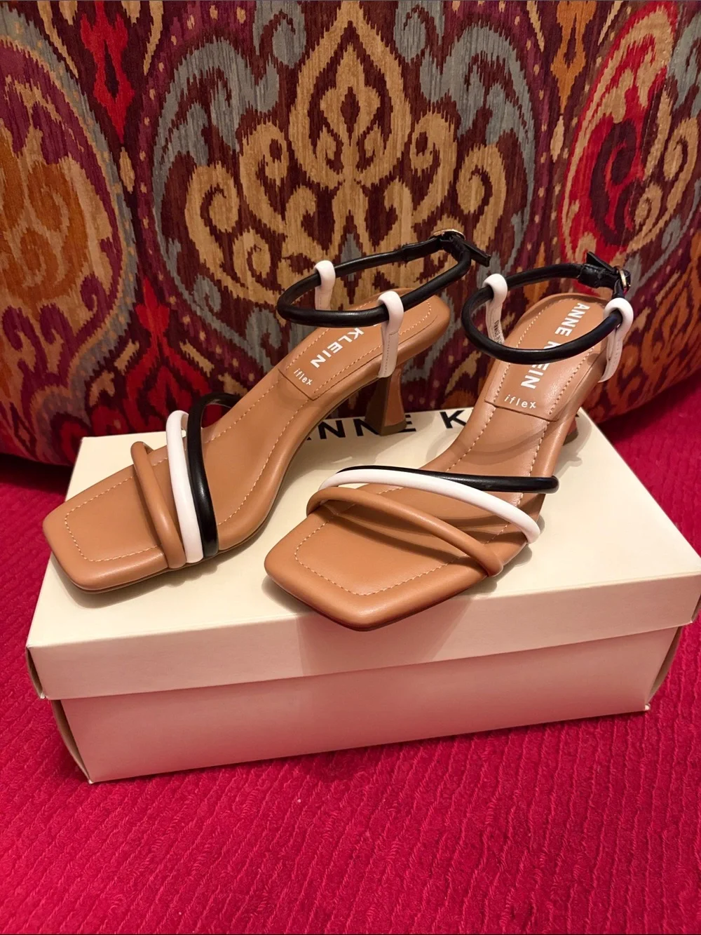 Anne Klein Tan Strappy Heels with Black and White Accents
